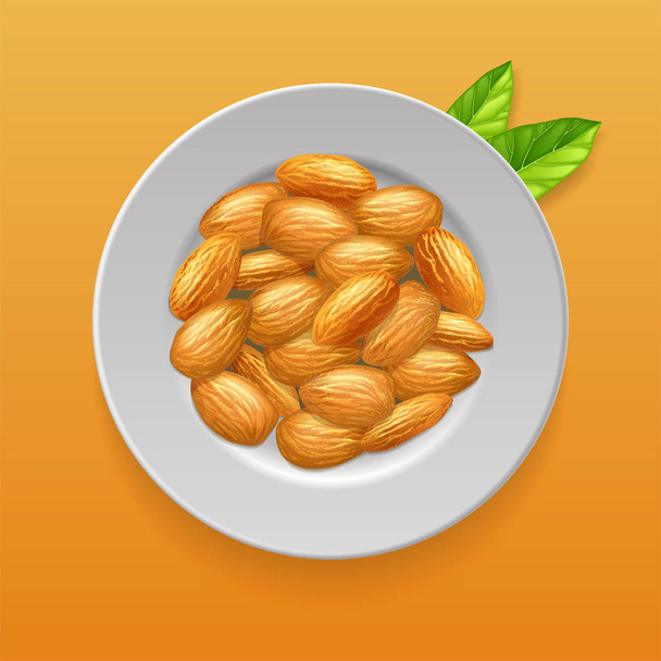 Plate with almonds nuts and green leaves. Realistic vector 3d illustration. Top view. Vector template for packaging design, labels, printing. - Vector, Image
