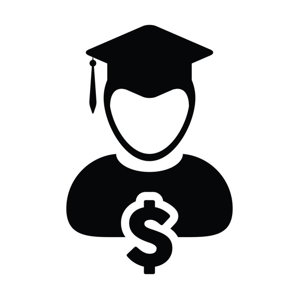 School icon vector male person profile avatar with dollar symbol and mortar board for education loanin flat color glyph pictogram illustration - Vector, Image