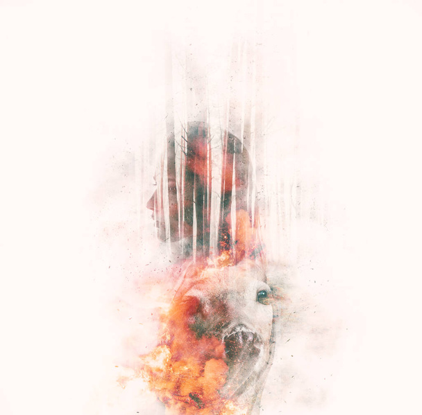 Retrato doble exposición de una joven mujer reflexiva combinada con fotografía de ciervos en el bosque en llamas. Imagen conceptual que muestra la unidad del ser humano con la naturaleza. Ecología, vida silvestre. Salvar el planeta
 - Foto, imagen