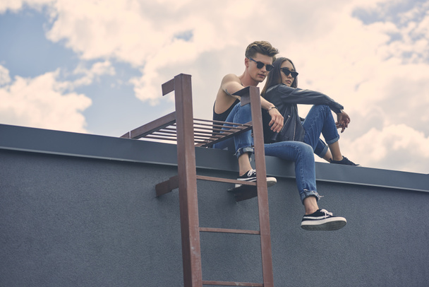 stylish multicultural couple in sunglasses sitting on roof with ladder - Foto, Bild