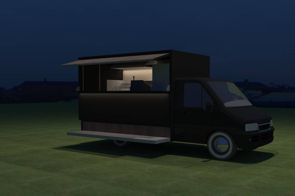 élelmiszer teherautó kioszk café tervezés, 3D-s renderelés illusztráció - Fotó, kép