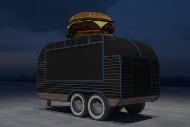 élelmiszer teherautó kioszk café tervezés, 3D-s renderelés illusztráció - Fotó, kép