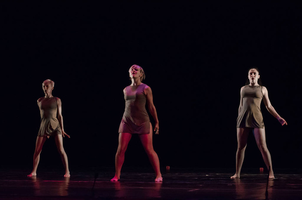 DNIPRO, UCRANIA - 7 DE SEPTIEMBRE DE 2018: Ballet moderno realizado por miembros del Teatro Académico Dramático Mykolayiv
. - Foto, imagen