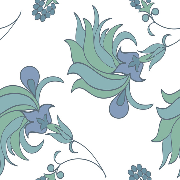 Trendy tropical background with exotic flowers in hand drawn style pastel colors on white.Botanical motifs scattered random. Vector seamless pattern for fashion prints. - Vector, Imagen