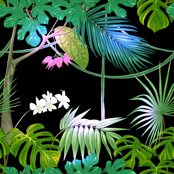 Тропические растения и цветы. Бесшовный рисунок, фон. Векторная иллюстрация
. - Вектор,изображение