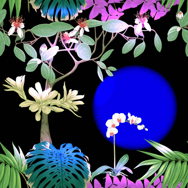 Tropické rostliny a květiny. Vzor bezešvé pozadí. Vektorové ilustrace. - Vektor, obrázek