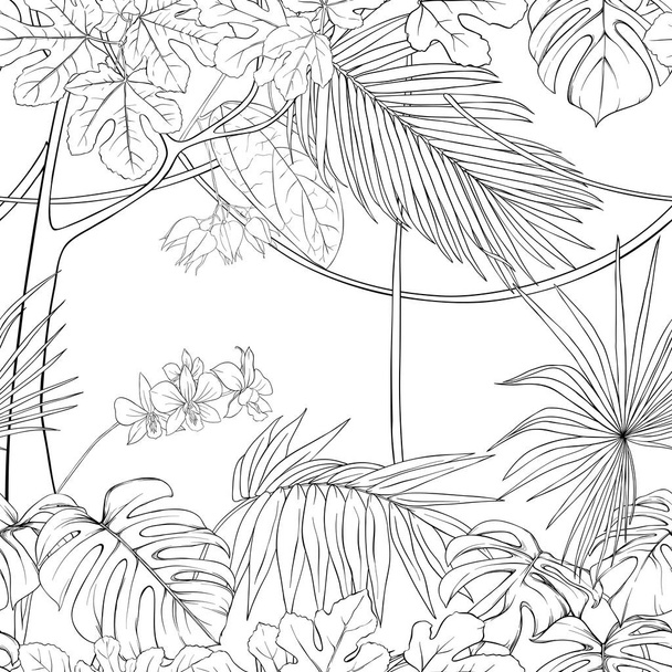 Tropical plants and flowers. Seamless pattern, background. Vector illustration. - ベクター画像