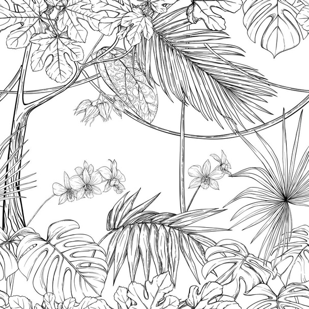 Tropical plants and flowers. Seamless pattern, background. Vector illustration. - Vector, Imagen