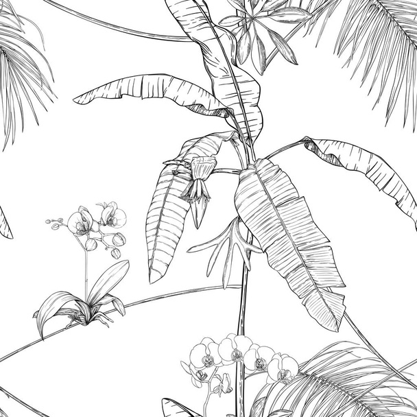 Tropical plants and flowers. Seamless pattern, background. Vector illustration. - Вектор, зображення