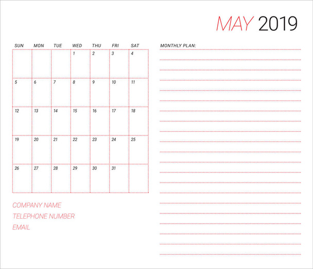 Май 2019 года настольный календарь векторная иллюстрация, простой и чистый дизайн
.  - Вектор,изображение