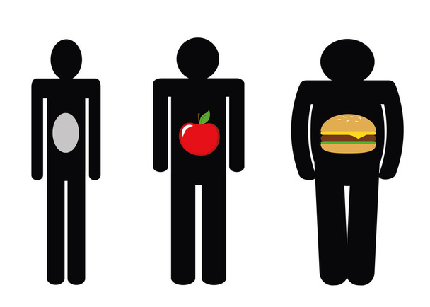 sovány, normál súlyú túlsúlyos ikonok apple burger ember piktogram - Vektor, kép