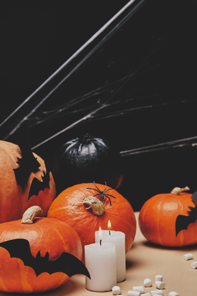pumpkins with paper bats and spiderweb on table, halloween concept - Fotó, kép