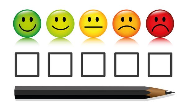 émoticône smiley boutons d'évaluation et stylo isolé sur fond blanc
 - Vecteur, image