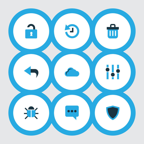 Conjunto de iconos de usuario de color con estabilizador, chat, bote de basura y otros elementos de almacenamiento. Iconos de usuario de ilustración vectorial aislado
. - Vector, imagen