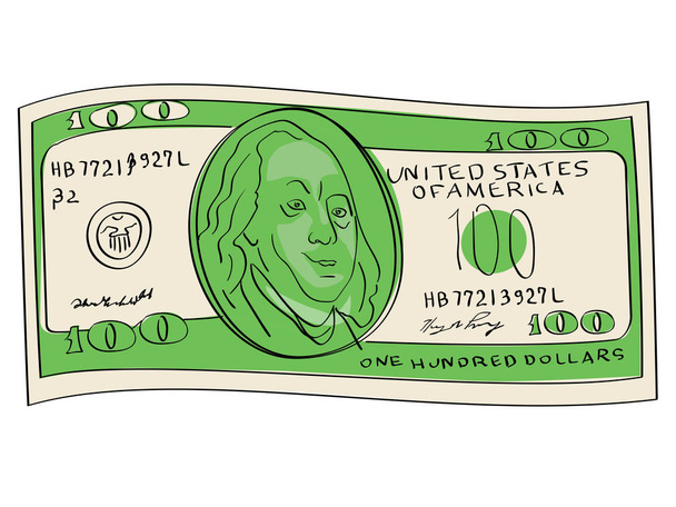 Honderd dollars bezwaar maken op een witte achtergrond. Publicist, wetenschapper en diplomaat Benjamin Franklin - Foto, afbeelding