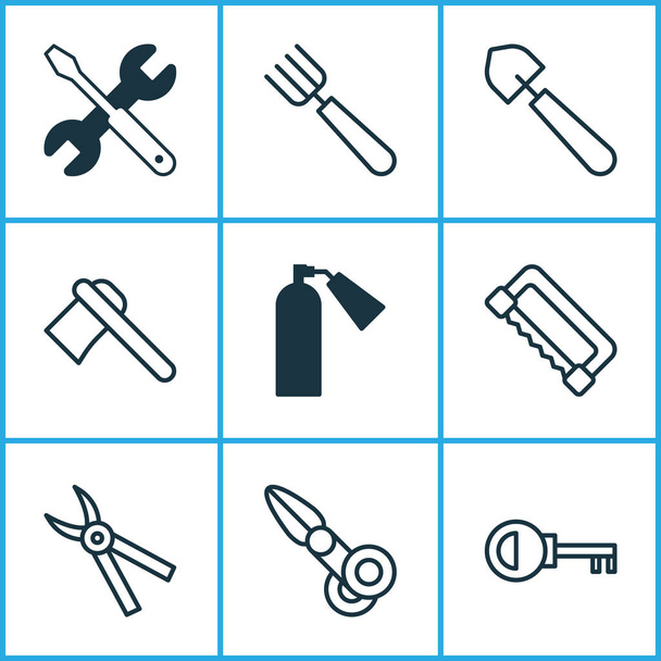 Eszközök ikonok készlet ax, lapát, ajtó kulcs és fogó elemeivel. Elszigetelt illusztráció eszközök ikonok. - Fotó, kép