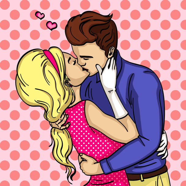 Gefühl der Liebe. der Kerl mit dem Mädchen küsst leidenschaftlich. Raster der Pop-Art. Comic-Stil - Foto, Bild
