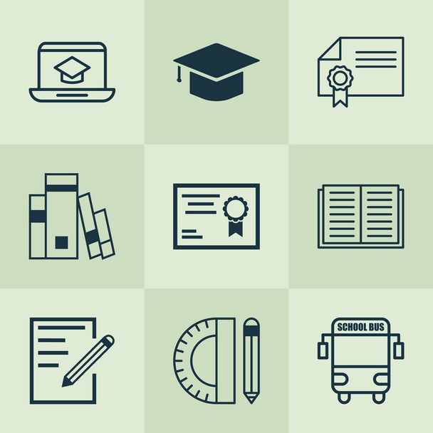 Školní ikony s on-line vzdělávání, diplom, čepice a jiné prvky papíru. Izolované vektorové ilustrace školní ikony. - Vektor, obrázek