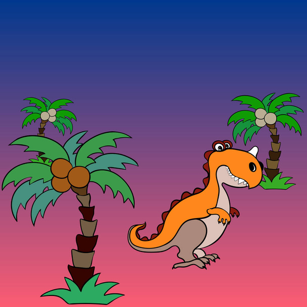 Vector background image. Dinosaur and palm trees, cartoon character. Illustration for children. Use printed materials, signs, items, websites, maps, posters, postcards,  - Vector, Image