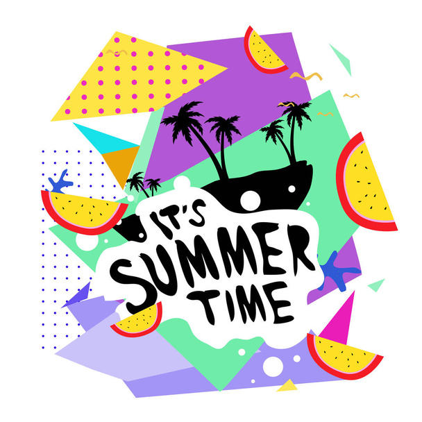 Design de banner vetorial de tempo de verão com fundo abstrato branco para texto e elementos coloridos da praia tropical. Modelo de ilustração vetorial para evento
. - Vetor, Imagem