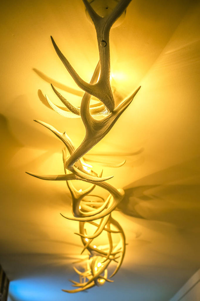 Luminária de veado antler no corredor do lobby do hotel
 - Foto, Imagem