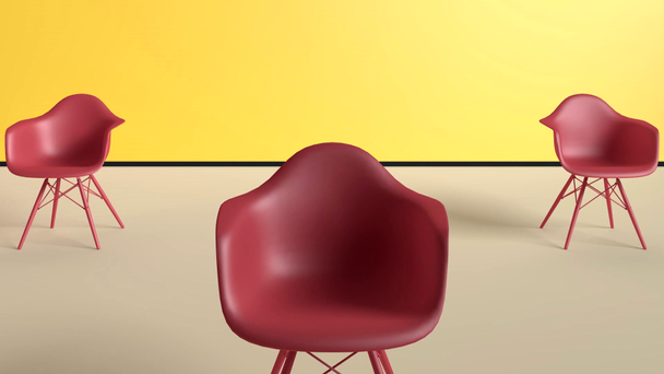 パステル イエロー ベージュ ルームでモダンな赤い椅子。最小限のコンセプトです。3 d レンダリング. - 映像、動画
