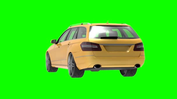 Grote gele familiebedrijf auto met een sportieve en op de dezelfde tijd comfortabele behandeling op groene achtergrond. 3D-rendering. - Video