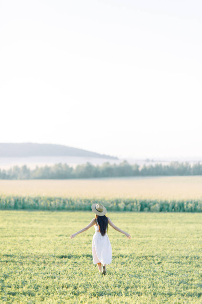 帽子と夏のドレスを着て、フィールド上を歩く少女。笑顔し笑い、森林と自然の中の美しい夕日。白いドレスとライ、傾斜フィールド。幸せな旅行者、ライフ スタイル. - 写真・画像