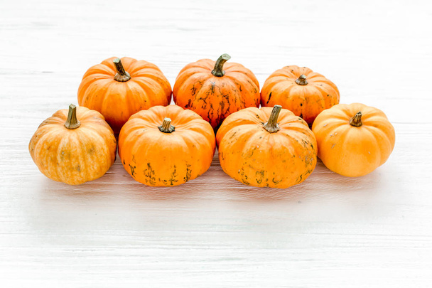 Orange pumpkins Halloween isolated on white background. Flat lay, top view. Autumn minimal concept. - Fotó, kép