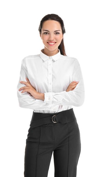 schöne Geschäftsfrau auf weißem Hintergrund - Foto, Bild