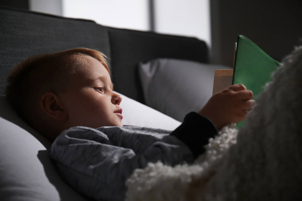 Lindo niño leyendo libro en la cama en casa
 - Foto, imagen