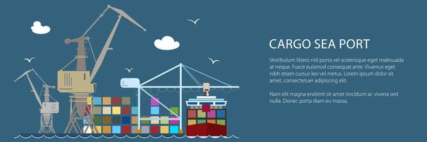 Cargo Seaport with Container Ship, Banner - Vector, Image