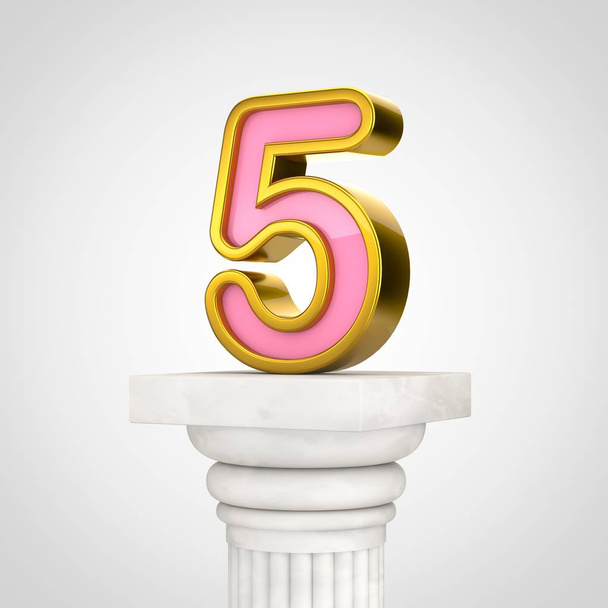 Number 5, render pink font with gold outline on white column isolated on white background - Photo, Image