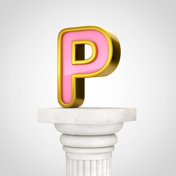 Arany levél P nagybetűs, 3d render rózsaszín font arany szerkezeti fehér oszlop elszigetelt fehér background. - Fotó, kép