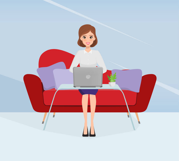 carácter de la mujer de negocios sentado en el sofá y el uso de un ordenador portátil
. - Vector, imagen