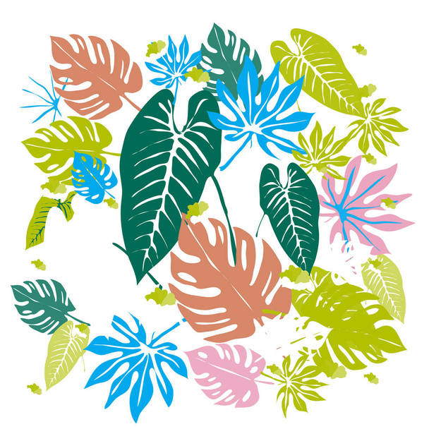 vector graphical tropical leaves bright pattern with vibrant texture in pop art style, modern summer background allover print. split leaves, philodendron, monstera leaves - Vector, Image
