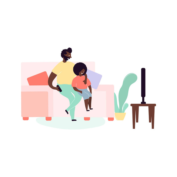 Padre negro soltero e hijo afroamericanos pasando tiempo juntos sentados en el sofá viendo la televisión en la habitación en casa. Ilustración vectorial en estilo plano de dibujos animados
 - Vector, Imagen