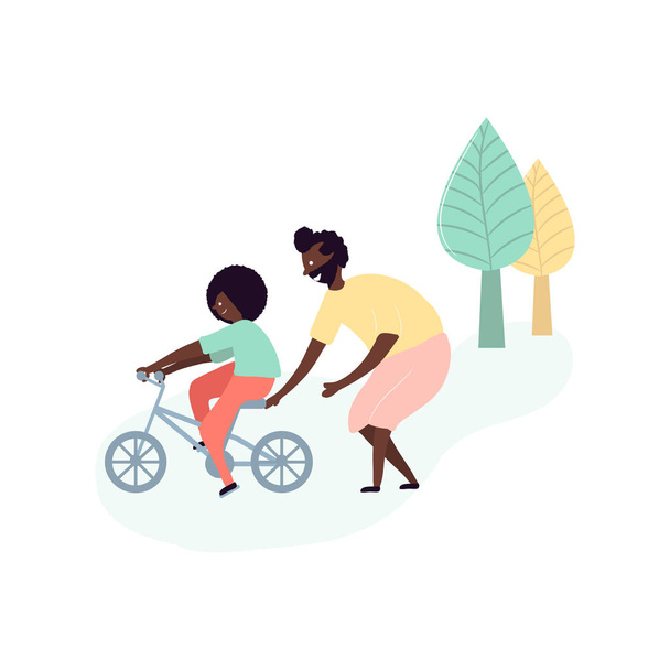 Padre negro soltero e hijo afroamericanos pasan tiempo juntos enseñando a los niños a montar en bicicleta en la calle en la actividad al aire libre del parque. Ilustración vectorial en estilo plano de dibujos animados
 - Vector, Imagen