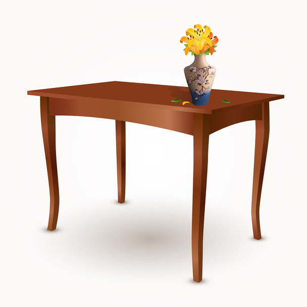 ξύλινο τραπέζι με vase των λουλουδιών - Διάνυσμα, εικόνα