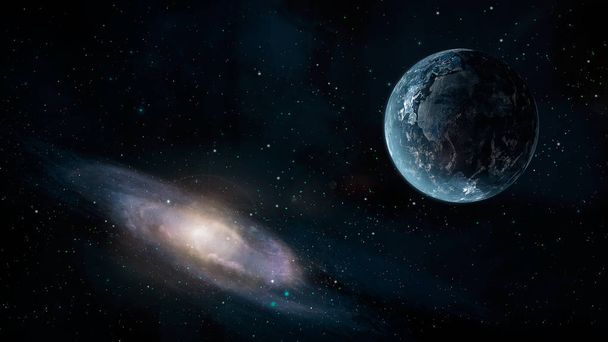 Avaruuskohtaus. Maa planeetta galaksin kanssa. Elementit kalustettu NASA. 3D-renderointi
 - Valokuva, kuva