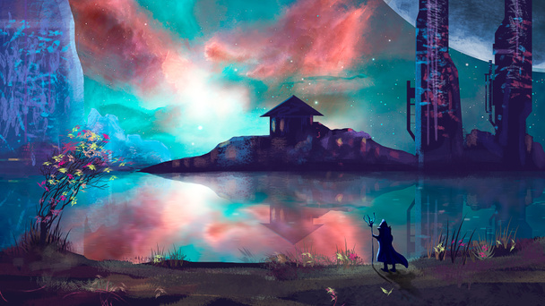Zauberer mit Science-Fiction-Stadt und buntem Nebel, digitale Malerei - Foto, Bild