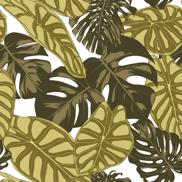 Tropical Leaves. Seamless Pattern with Hand Drawn Leaves of Monstera and Alocasia. Exotic Rapport for Textile, Fabric. Vector Seamless Background with Tropic Plants. Jungle Foliage. Watercolor Effect. - Vettoriali, immagini