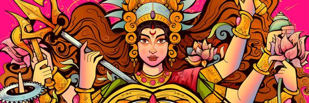 Diosa Durga Cara en Happy Durga Puja Subh Navratri background
 - Vector, imagen