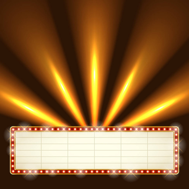 Blank illuminated marquee frame with bright searchlights in the background. Show performance information board vector template.  - ベクター画像
