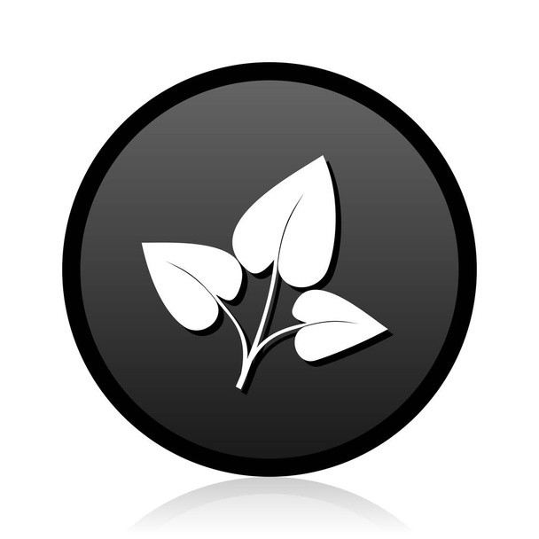 Black round vector Leaf silver metallic chrome round web icon on white background with reflection - Vecteur, image