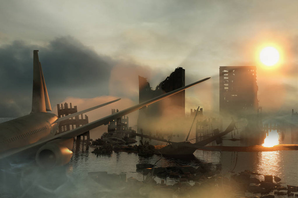 3D-Illustration einer Ruine einer Stadt. apokalyptische Landschaft. Konzept des apokalyptischen Sonnenuntergangs - Foto, Bild