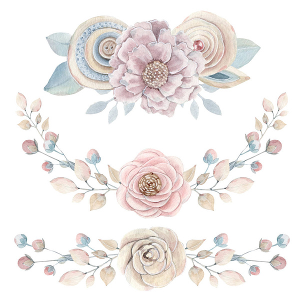 Handpainted watercolor flowers se. It's perfect for greeting cards, wedding invitation, wedding design, birthday and moyhers day cards. - 写真・画像
