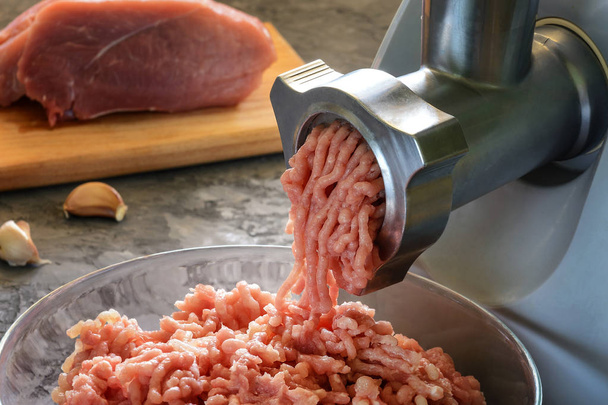 Process of cooking homemade meat, close-up. Electric meat grinder. In the background, the meat with spices in the blur. - 写真・画像