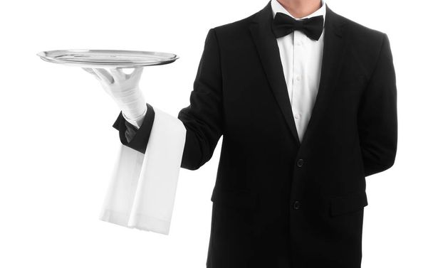Waiter holding metal tray on white background - Fotó, kép