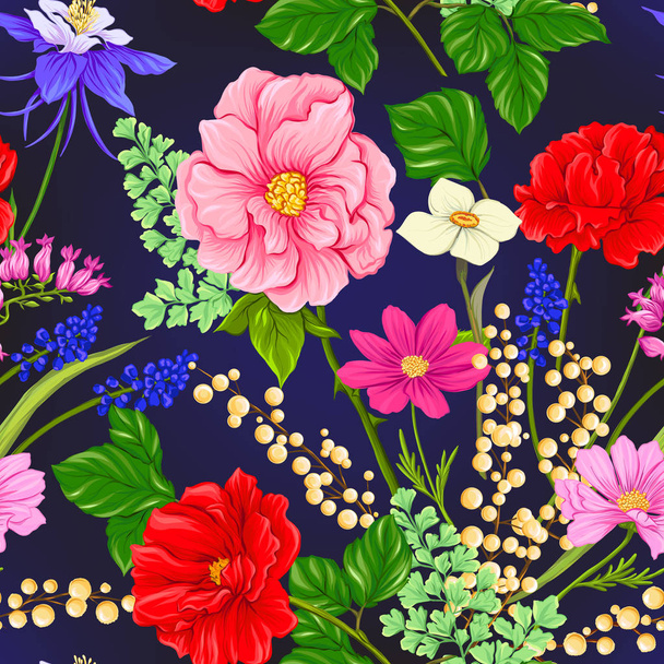 Floral seamless pattern, background with spring flowers on dark blue background. Vector illustration without gradients and transparency. - Vektor, Bild